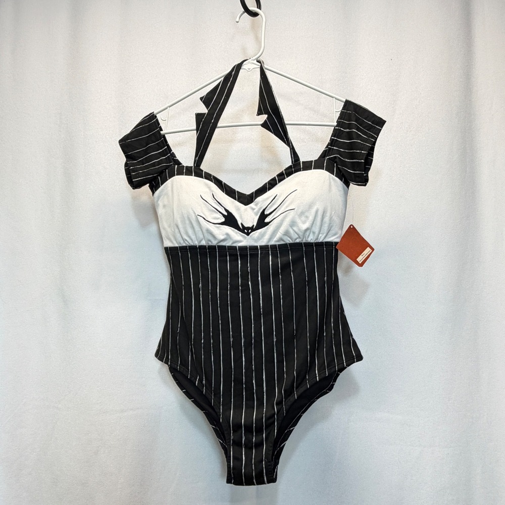 Hot Topic Bodysuit Women Medium Black Pinstripe Jack Skellington Disney Goth